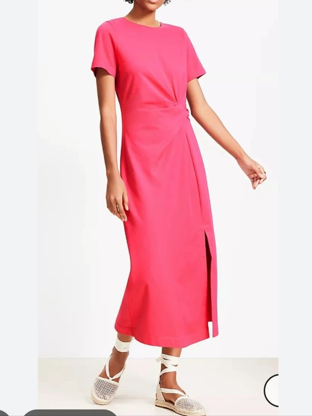 NWOT LOFT Bright Pink Twist-Front Midi Dress Size XS